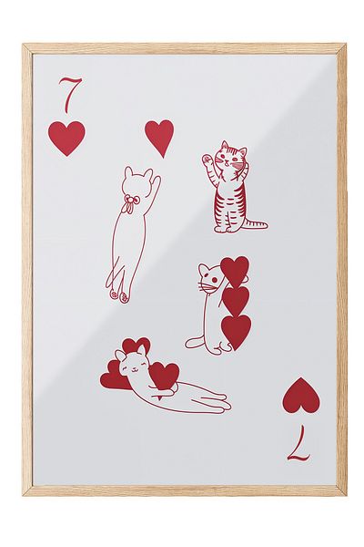 Postifull Ζωγραφική με ξύλινο πλαίσιο, κόκκινο |   7 of Hearts with Cats, Ξύλινος πίνακας κουζίνας Comfort Series, NO:108938