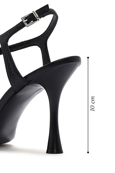 Derimod Women's Black Ankle Strap Patterned Leather Thin High Heel Sandals 25Sfd1614My