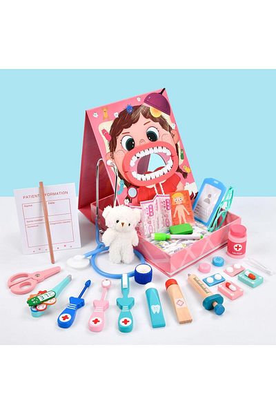 COOYA Wooden Dentist Tool Set 44 PCS Pretend Toys for Toddlers 3 to 6 Years Old with Medical Box, Pink
