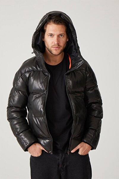 Deriderim Black Olaf Men's Hooded Lined and Fiber Zippered Warm Genuine Leather Coat