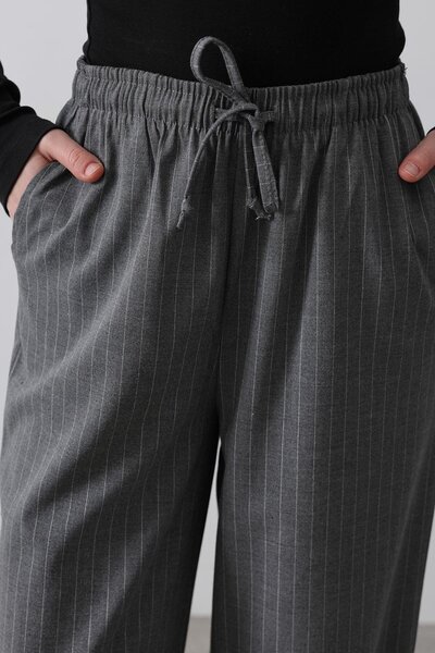 Le Savu Shilsee Women's Elastic Waist Tie Striped Gray Loose Leg Trousers