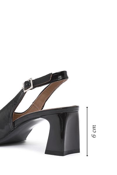 Derimod Women's Black Ankle Buckle Open Back Heeled Patent Leather Shoes 25Sfd 131916