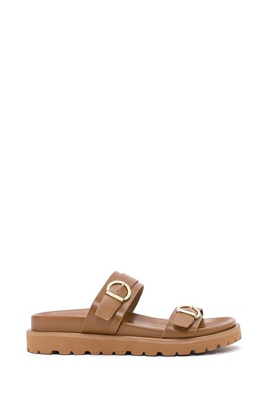 Derimod Women's Tan Double Buckle Slippers 25Sfe 401118