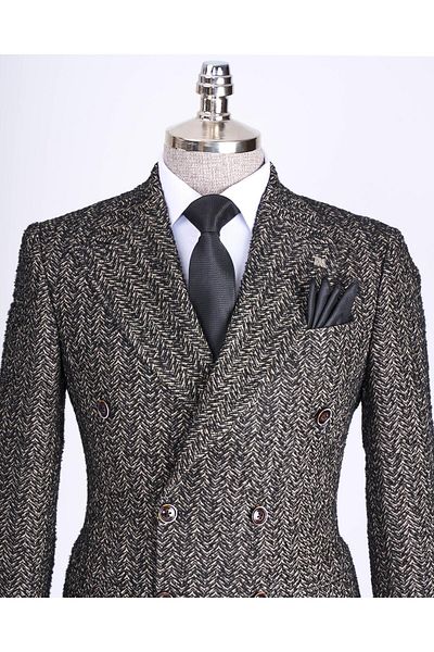 TerziAdemAltun Black Slim Fit Italian Style Herringbone Print Double Breasted Men's Single Jacket - T13429
