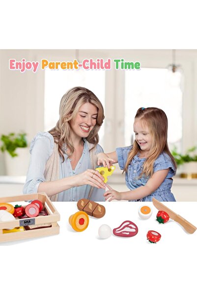 AZONEE 8-piece Wooden Play Food Set for Kids - Pretend Play with Wooden Tray