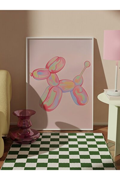 Postifull White Framed Painting, Pink Balloon Dog, Comfort Series Kitchen Wall Painting, No:108945