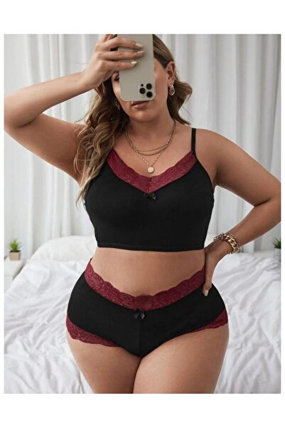 Rose Alexandra Siyah Büyük Beden Bordo Dantel detaylı Şık Takım