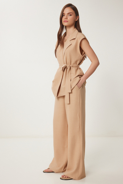 Lovelyİstanbul Belted Vest Palazzo Woven Suit Biscuit Lby0003