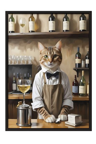 Postifull Pictură cu cadru negru, Barista Cat, Pictură de perete pentru bucătărie din seria Comfort, NR:108928