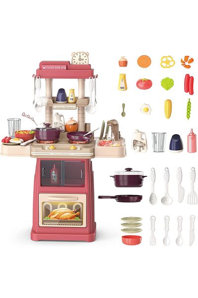 COOYA 30PCS Kids Kitchen Toy Set, with Light & Sound, with Steam Cooker Hood, Sink, Cooking Toy