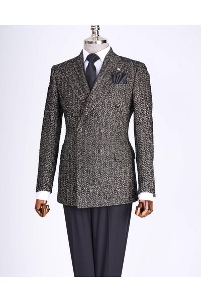 TerziAdemAltun Black Slim Fit Italian Style Herringbone Print Double Breasted Men's Single Jacket - T13429