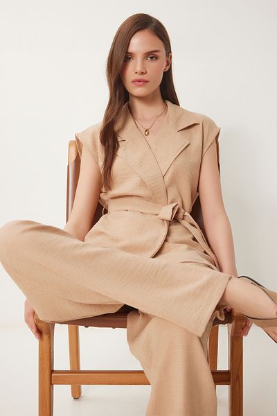 Lovelyİstanbul Belted Vest Palazzo Woven Suit Biscuit Lby0003