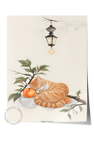 Postifull Unframed Poster, Orange Cat Sleeping with Orange, Comfort Series Kitchen Wall Poster