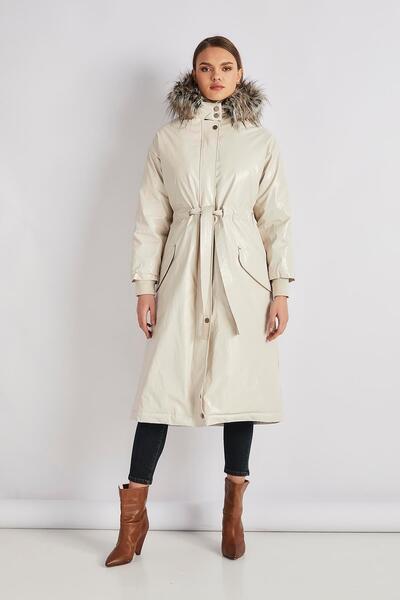 KASHA Women's Stone Fur Hat Parachute Coat