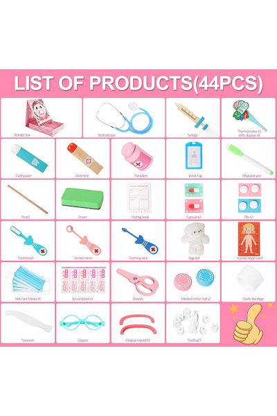 COOYA Wooden Dentist Tool Set 44 PCS Pretend Toys for Toddlers 3 to 6 Years Old with Medical Box, Pink