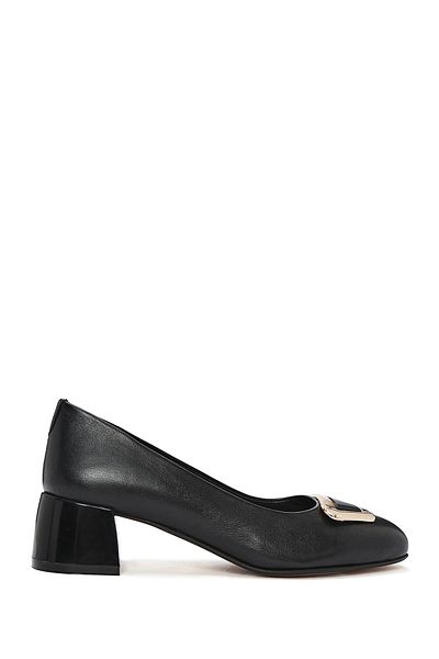 Derimod Women's Black Buckle Detailed Short Thick Heeled Leather Shoes 25Sfd 411018
