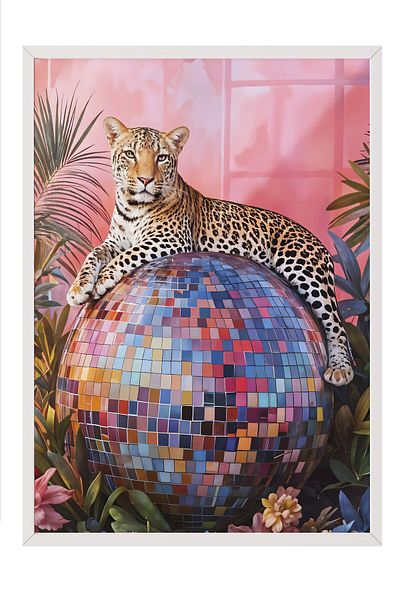 Postifull Pictură cu cadru alb, Leopard pe discoteca, pictură murală pentru bucătărie din seria Comfort, NR:108943