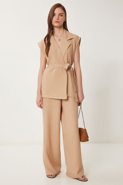Lovelyİstanbul Belted Vest Palazzo Woven Suit Biscuit Lby0003