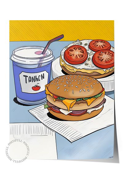 Postifull Unframed Poster, Burger with Coke, Comfort Series Kitchen Wall Poster, No:109144