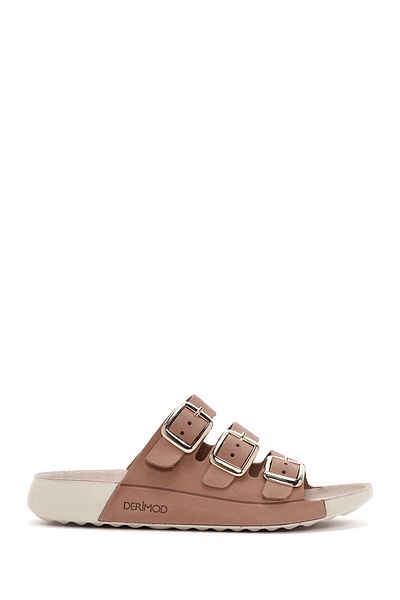 Derimod White Nubuck Leather Women's Buckle Comfort Slippers 25Sfd5001V3