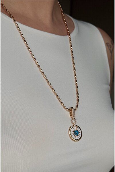 Soles 18 Ayar altın rengi rose ucu mineli göz boncuklu Çelik kolye