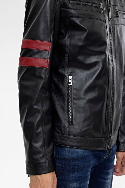 Deriderim Black Elvis Zippered Red Striped Sports Lined Men's Short Genuine Leather Coat