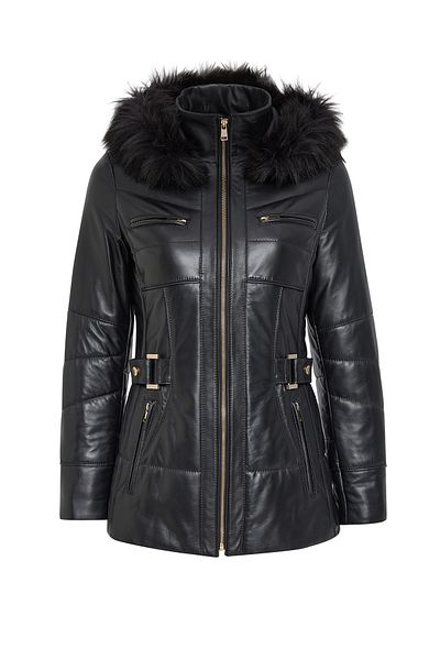 Derimod Alexandra Women's Black Hooded Fur Leather Coat 24Wge52851M
