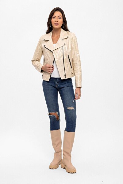 Deriderim Bej Merlot Çıt Çıt Detaylı Yandan Fermuarlı Biker Motorcu Hakiki Deri Kadın Mont