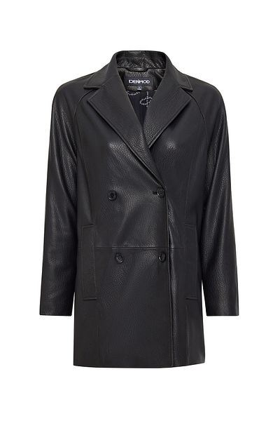 Derimod Wendy Women's Black Double Breasted Collar Long Leather Jacket 25Sgd52912H