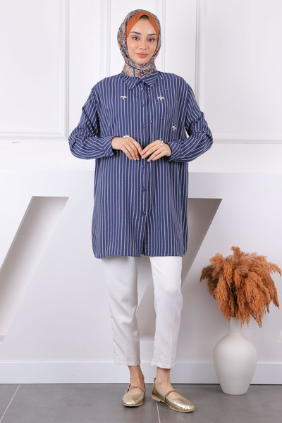 İmajButik Μπλε ναυτικό ριγέ χιτώνα με πέτρες στο μπροστινό μέρος