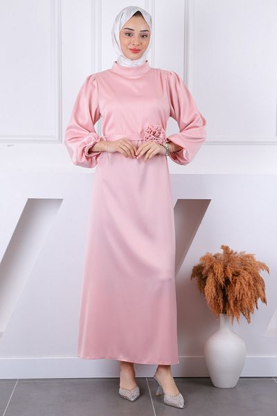 İmajButik Βραδινό φόρεμα με σατέν μανίκια με λεπτομέρεια σε σκόνη