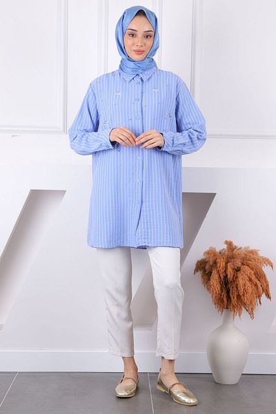 İmajButik Μπλε ριγέ χιτώνα με πέτρες μπροστά