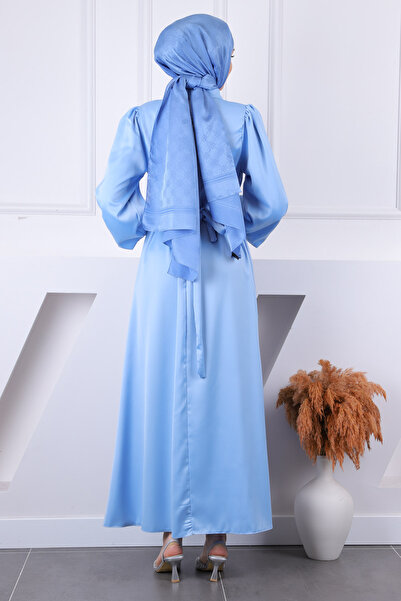 İmajButik Rochie de seara din satin cu maneca cu balon cu centura albastra trandafir