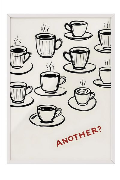 Postifull White Framed Painting, Another Coffee?, Comfort Series Kitchen Wall Painting, No:109111