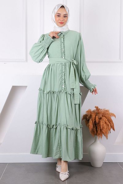 İmajButik Φόρεμα με κέντημα μέντας μπροστά με ζώνη