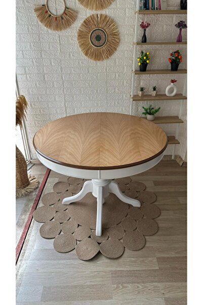 silla Concept Baba Ayaklı Masa Naturel Ahşap Yuvarlak Üst Tablalı Beyaz Ayaklı Açılır Masa (ÇAP 110 CM)
