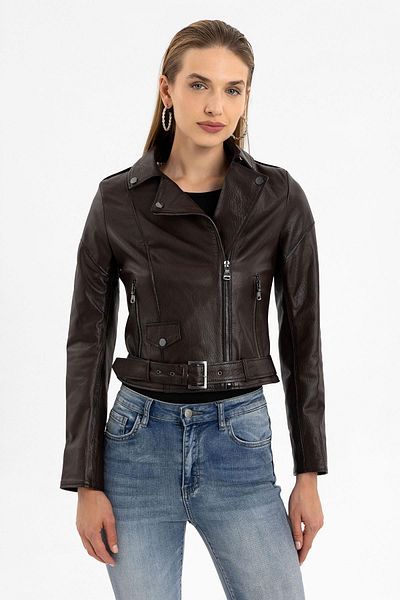 Deriderim Jelia Brown Fermoar Short Biker Femei Paltoane din piele naturală