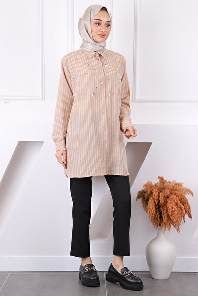 İmajButik Ριγέ χιτώνα βιζόν με πέτρες στο μπροστινό μέρος