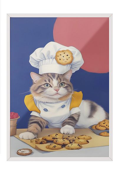 Postifull White Framed Painting, the Chef Cat of Cookies, Comfort Series Kitchen Wall Painting, No:109104