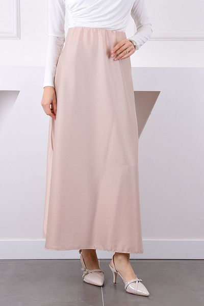 İmajButik Μπεζ ελαστική μέση πέτρινη σατέν φούστα