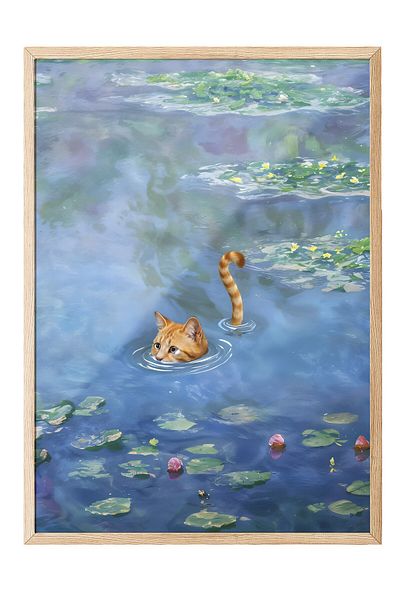 Postifull Ζωγραφική με ξύλινο πλαίσιο, Cat Print Monet Waterlily - 1, Ξύλινη ζωγραφική κουζίνας Comfort Series, NO:108966