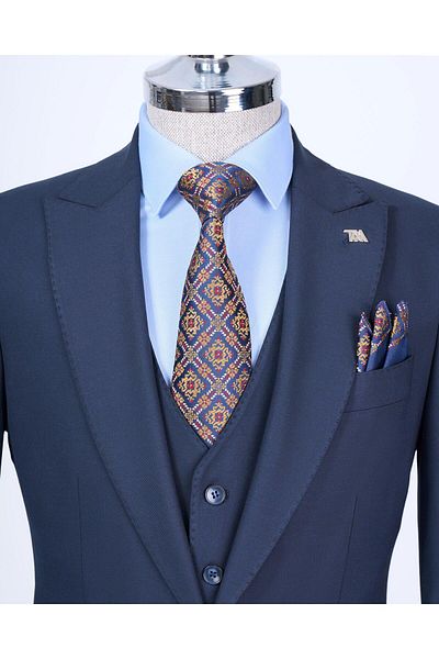 TerziAdemAltun Set de pantaloni vestă jachetă slim în stil italian albastru bleumarin - T12728