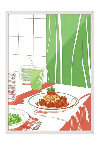 Postifull White Framed Painting, Meatball Spaghetti, Comfort Series Kitchen Wall Painting, No:109110