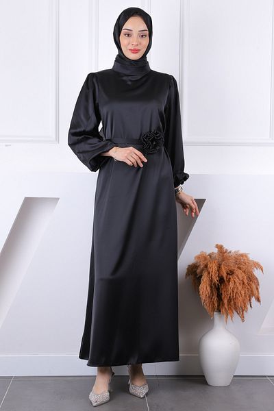 İmajButik Βραδινό φόρεμα με μαύρο τριαντάφυλλο με λεπτομέρεια από σατέν μανίκι