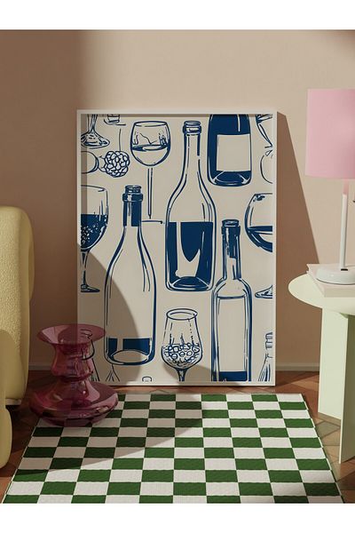 Postifull White Framed Painting, Bottles on a Table, Comfort Series Kitchen Wall Painting, No: 109120