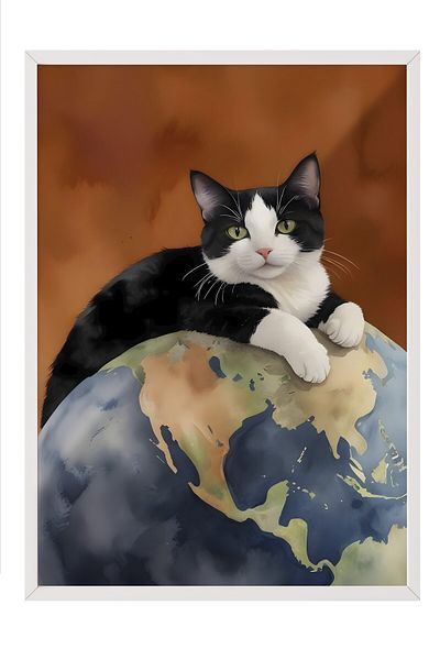 Postifull Pictură cu cadru alb, Black Cat on World, Pictură de perete pentru bucătărie din seria Comfort, NR:108964