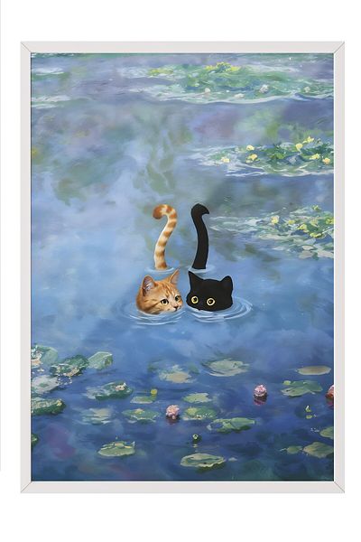 Postifull White Framed Painting, Cat Print Monet Waterlily - 3, Comfort Series Kitchen Wall Painting, No:108968