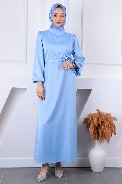 İmajButik Βραδινό φόρεμα Baby Blue Rose με λεπτομέρεια από σατέν μανίκι με μπαλόνι