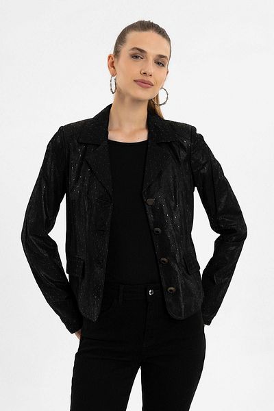 Deriderim Velia Black Printed Women's Genuine Leather Coat