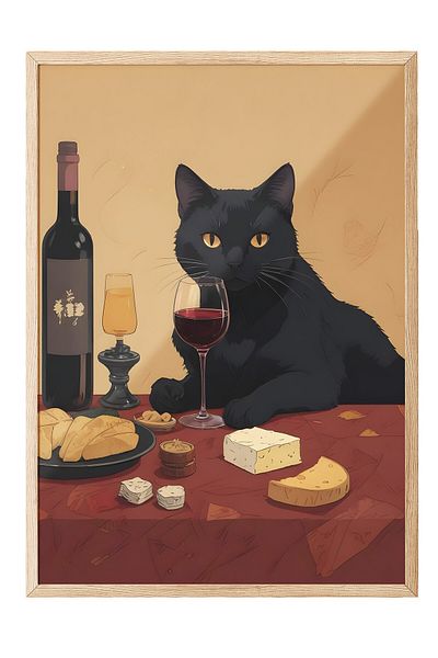Postifull Ζωγραφική με ξύλινο πλαίσιο, Wine & Cat, Ξύλινη ζωγραφική κουζίνας Comfort Series, NO:109060